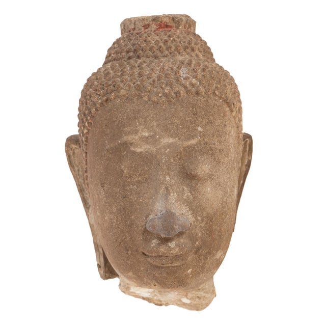 19th Century Antique Thai Ayutthaya Style Sandstone Head of Buddha on Metal Stand For Sale - Image 5 of 17