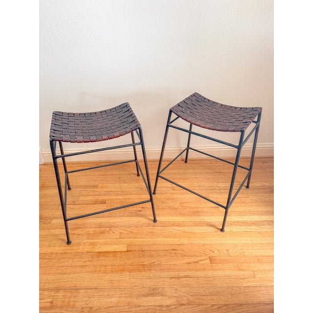 French Mid Century Industrial Style Brown Woven Leather and Iron Counter Stools After Lila Swift and Donald Monell For Sale - Image 15 of 18