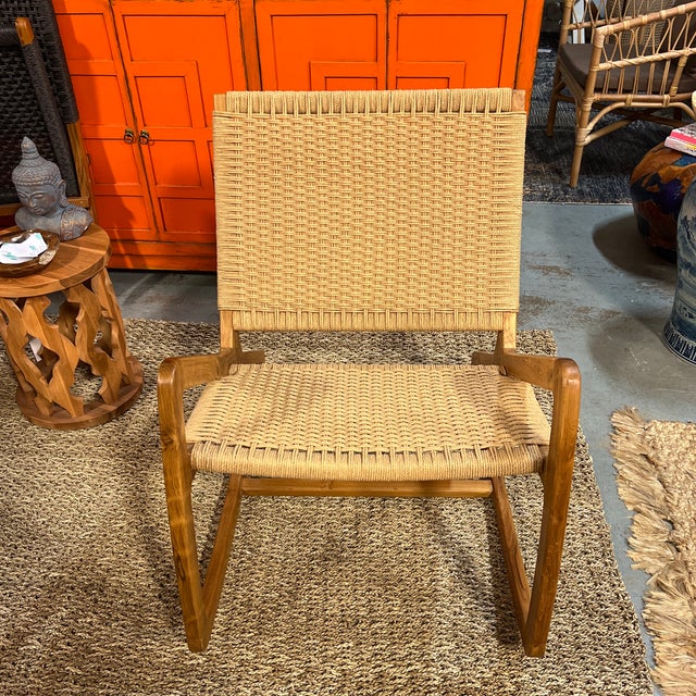 Boho Chic Teak and Natural Rope Rocking Chair | Chairish