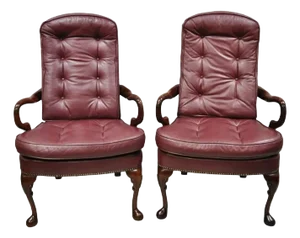 Late 20th Century Queen Anne Burgundy Leather Library Office Arm Chairs by St Timothy Chair Pair