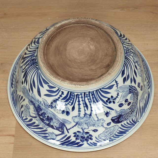 Large Chinese Blue and White Porcelain Fish Bowl For Sale - Image 10 of 11