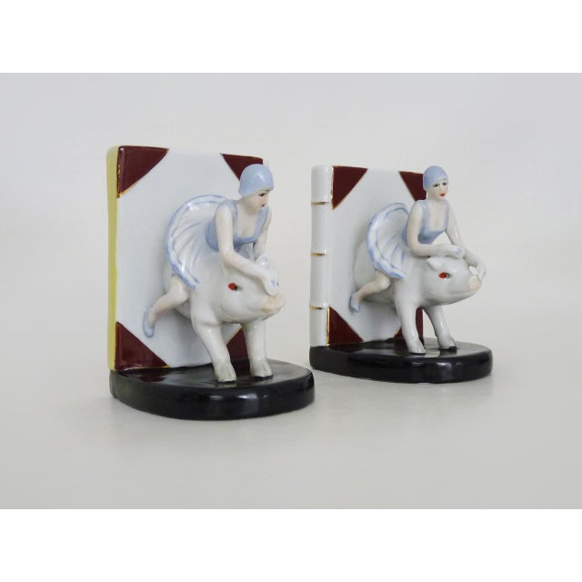Ceramic Italian Art Deco Bookends Woman on Ceramic Pig, 1930s For Sale - Image 7 of 11