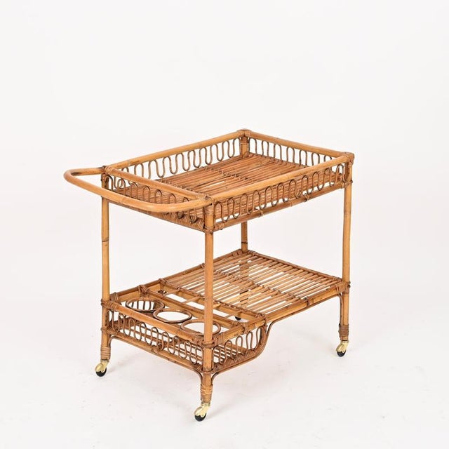 Vintage Italian Rattan and Wicker Serving Bar Cart by Franco Albini, Italy, 1960s For Sale - Image 14 of 15