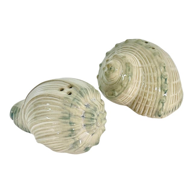 Vintage Hollywood Regency Coastal Seashell Salt and Pepper Shakers, Trompe L’Oeil Style - A Pair For Sale