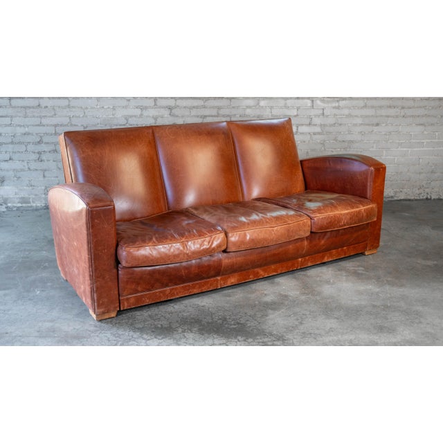 Brown Vintage Art Deco Cognac Leather Sofa For Sale - Image 8 of 16