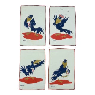 Vintage Constance Depler Crow Bird Linen Barware Cocktail Napkins- Set of 4 For Sale