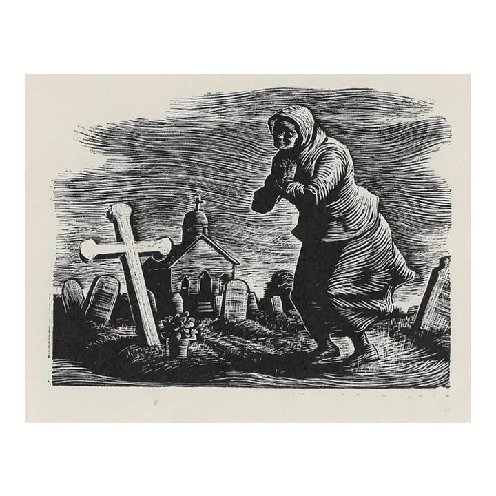 1950s Woodcut of a Grieving Lady | Chairish