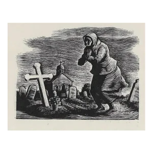 1950s Woodcut of a Grieving Lady
