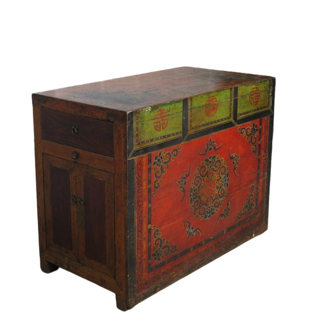 Late 19th Century Late 19th Century Hand Painted Five Bats Antique Gansu Tibetan Cabinet For Sale - Image 5 of 12