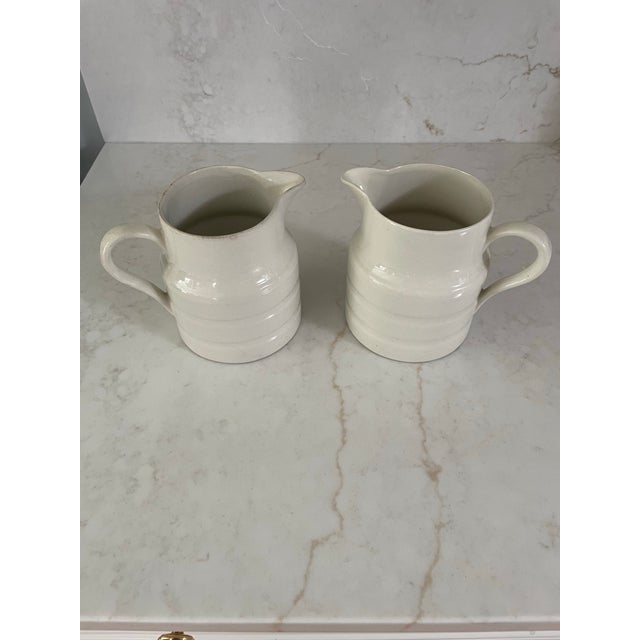 English Pair Antique English Ironstone Dairy Banded Pitchers For Sale - Image 3 of 9