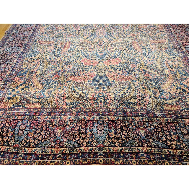 Early 20th Century Vintage Oversized Persian Kerman Lavar Rug, Hand-Knotted Wool, Floral Pattern, Ivory & Blue, 11’ X 18’ For Sale - Image 5 of 16