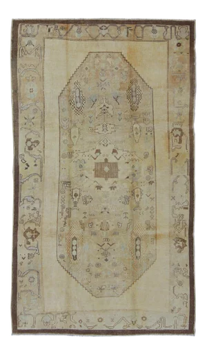 Vintage Turkish Oushak Rug Featuring Faded Camel, Ivory, and Pale Blue Accents