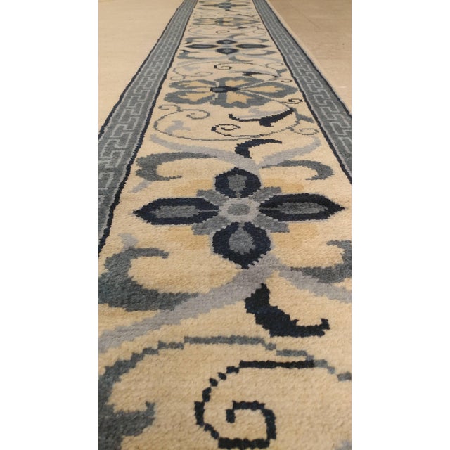 Vintage Chinese Carpet, Tan and Blue Carpet, Handmade Wool Rug For Sale - Image 9 of 18