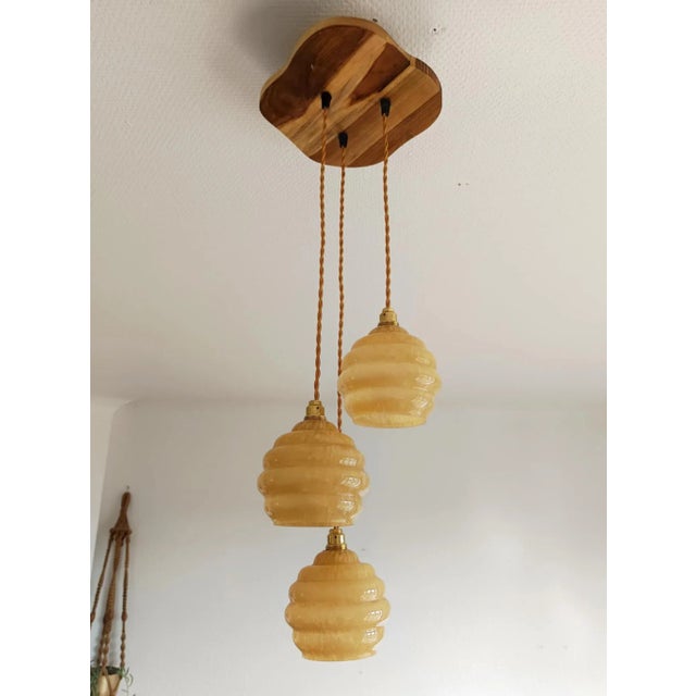 Gold Art Deco Trio Globe Pendant Light, 1950s For Sale - Image 8 of 9