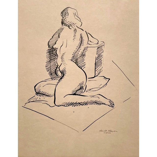 An exquisite pen & ink, 1940s figure study of a seated, nude female by artist Harold Haydon. The drawing is matted to 16"...