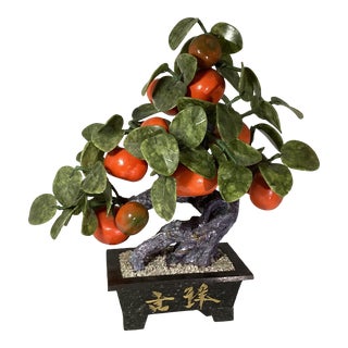 1980s Chinese Carved Jade Tangerine Bonsai Tree For Sale