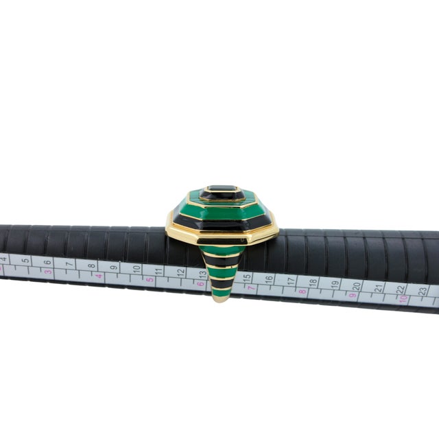 Green Tourmaline Malachite Green Black Enamel 18k Yellow Gold Enamel Unique Ring, Size 6.25 For Sale - Image 10 of 13