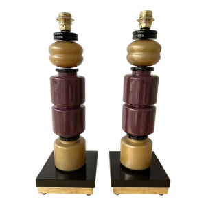 Contemporary Brass Murano Glass Totem Lamps, Italy - a Pair EU Wired