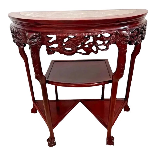 1910s Vintage Demilune Console Table Three Lower Shelves Carved Claw Feet Etagere For Sale