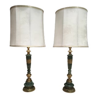 Pair of Japanese Bronze & Marble Column Table Lamps With Original Shades For Sale