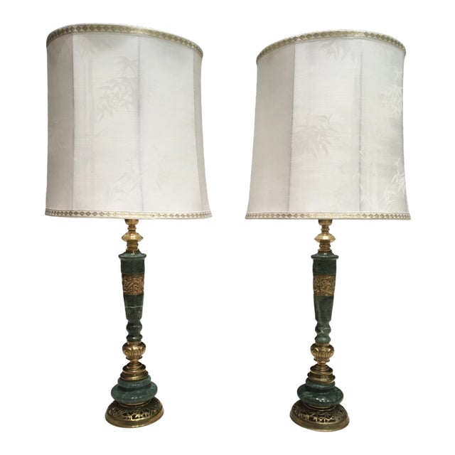 Pair of Japanese Bronze & Marble Column Table Lamps With Original Shades For Sale