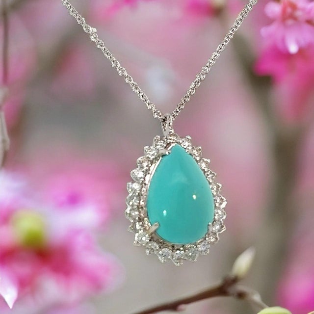 Persian Turquoise Diamond Pendant With Chain 17" 14k WG 9.9 TCW Certified For Sale - Image 11 of 18