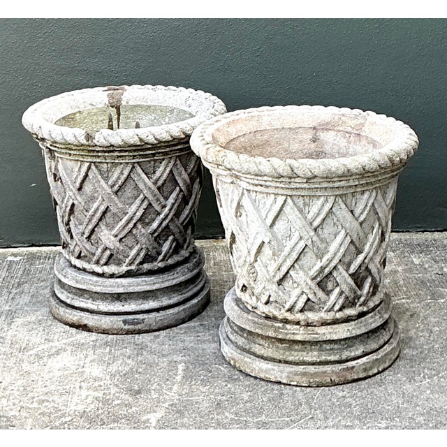Vintage Cast Concrete Trellis Planters on Pedestals - A Pair For Sale - Image 11 of 12