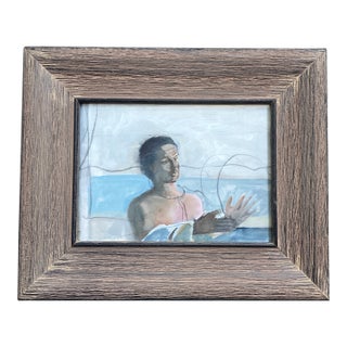 1970’s Original Painting/Charcoal Abstract Woman in Seascape Distressed Wood Frame For Sale
