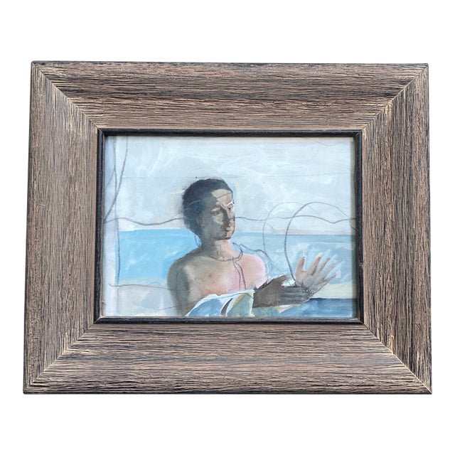 1970’s Original Painting/Charcoal Abstract Woman in Seascape Distressed Wood Frame For Sale