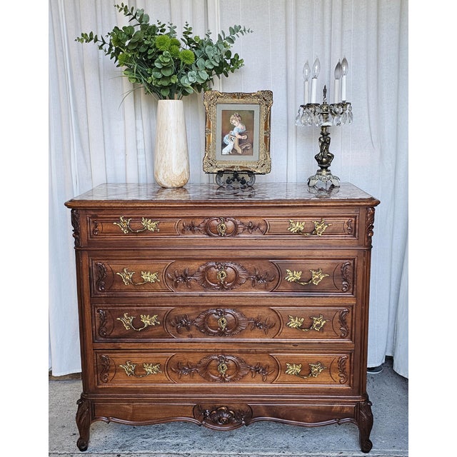 Late 19th Century Walnut Commode Chest, French Louis XV Style. Marble-Top For Sale - Image 14 of 18
