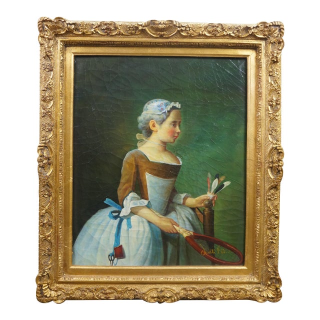 Late 20th Century Girl With Racket & Shuttlecock Oil Painting After Jean Baptiste Siméon Chardin For Sale