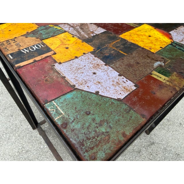 Metal Vintage Industrial Reclaimed Metal Signage Nesting Tables - Pair For Sale - Image 7 of 11