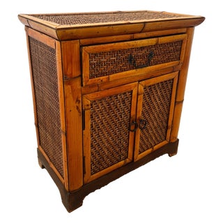 1960s Mid Century Nightstand Cabinet Double Doors Drawer Wicker and Bamboo Petite Size For Sale