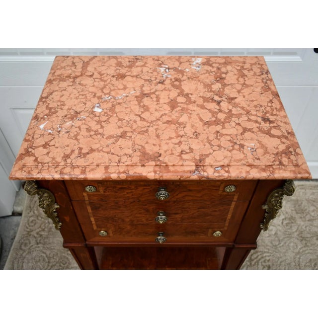 Inlaid Wood Nightstand Vintage Italian 3 Drawer Marble Accent Chest Brass Ormolu 80s For Sale - Image 10 of 13