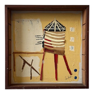 Vintage Mixed Media Water Tower Collage Art in Shadowbox, Circa 1990s For Sale