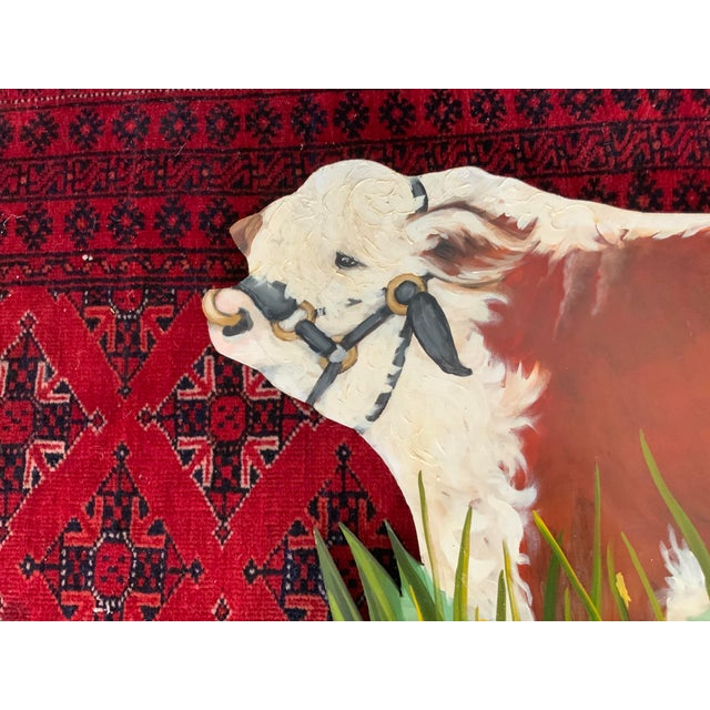 1980s Mrs. O’Leary’s Cow Oil Painting of Cow on Wood in Pasture For Sale In Chicago - Image 6 of 10