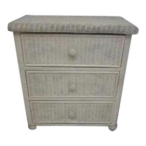 1990s Wicker Bachelor Chest Coastal Cottage Style 3 Drawer Cream Color