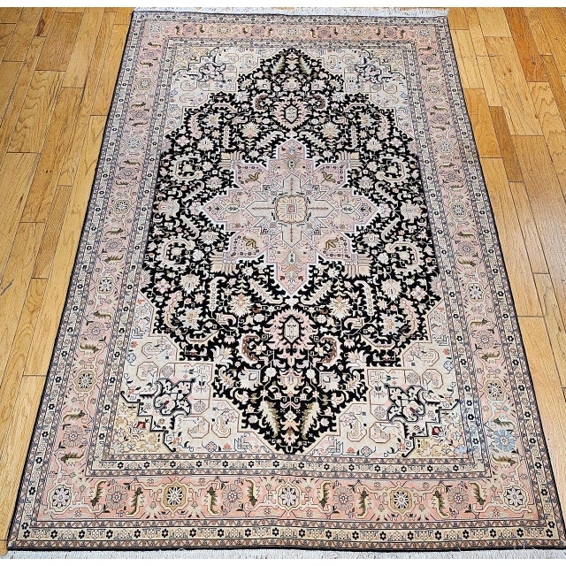 Fine Persian Tabriz Rug, Hand-Knotted Wool & Silk, Geometric Heriz Pattern, Black & Ivory, 7x10 For Sale - Image 4 of 17