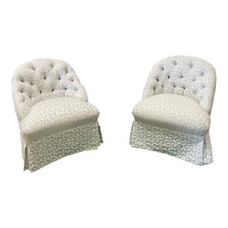 Pair of Custom Blue and White Tufted Armless Accent Chairs For Sale