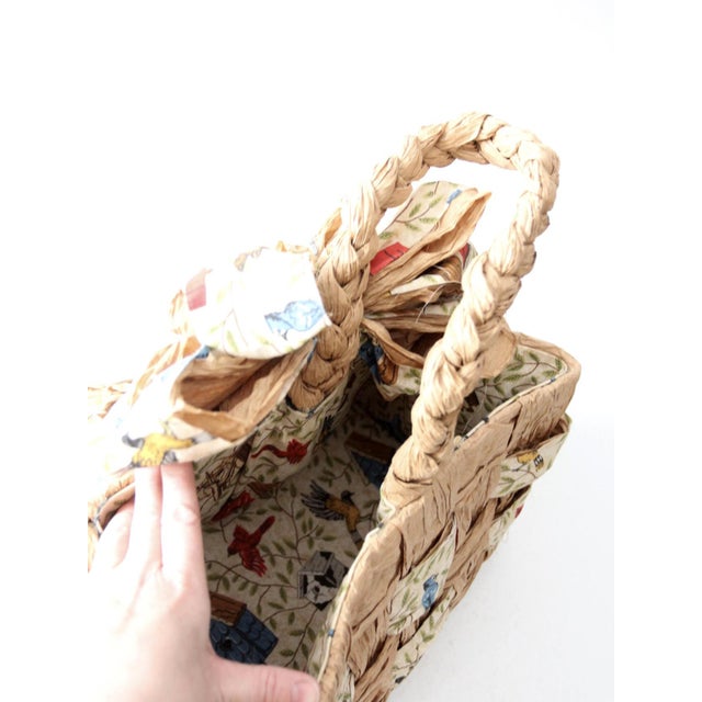 Farmhouse Vintage Woven Paper Basket With Bird Print Fabric For Sale - Image 3 of 11