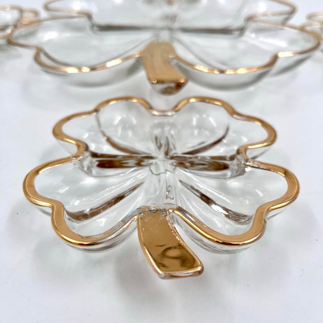 Mid 20th Century Mid-Century Modern Jeannette Glass Four-Leaf Clover Shamrock Gold Trim Serving Set - 5 Pieces For Sale - Image 9 of 11