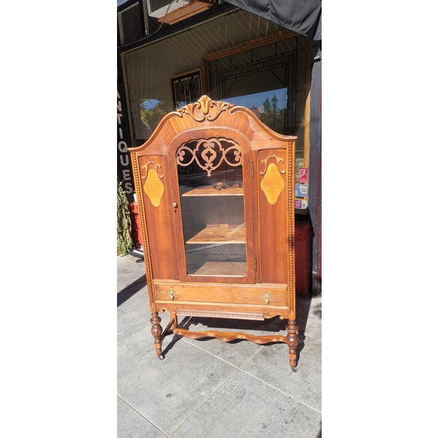 Antique 1920s Walnut Spanish Revival China Cabinet Bookcase For Sale - Image 10 of 10