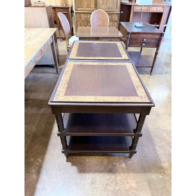 Traditional Late 20th Century Pair of Regency Style Mahogany Burl Inlay Side Tables For Sale - Image 3 of 11