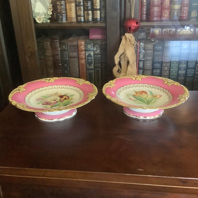 English Antique Brown Westhead & Moore English Dessert Service Hand Painted Botanical Compotes - a Pair For Sale - Image 3 of 12