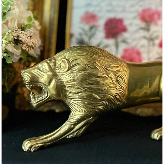 Hollywood Regency Vintage Brass Lion Statue Office Bookcase Lion Decor 13" For Sale - Image 3 of 12
