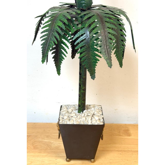 Late 20th Century Pair of Hollywood Regency Polychromed Tole Palm Tree Topiary Lamps, Circa 1970s For Sale - Image 5 of 14
