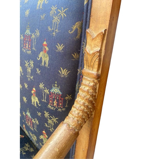 Antique French Empire Style Armchair With Carved Arm Dolphins Chinoiserie Elephant Upholstery For Sale - Image 4 of 7