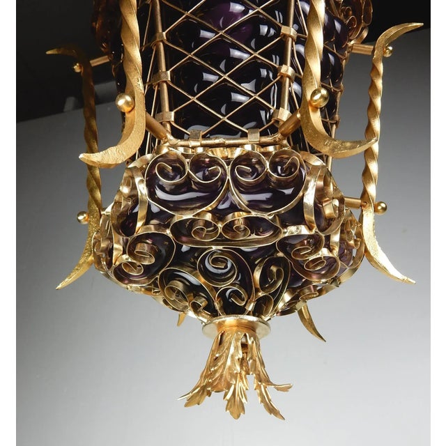 Mid 20th Century Bohemian Chic' Caged Purple Glass and Gold Pendant Lamp For Sale - Image 5 of 8