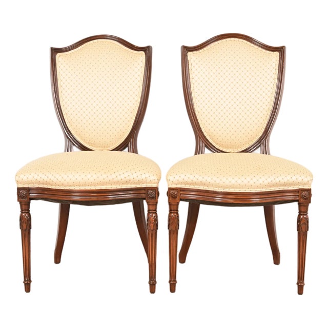 Baker Furniture Style French Regency Louis XVI Carved Walnut Shield Back Side Chairs or Dining Chairs, Pair For Sale
