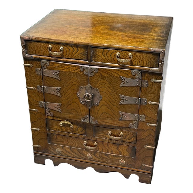 Korean Morijang Chest With Original Brass Hardware and Fish Brass Lock With Key For Sale